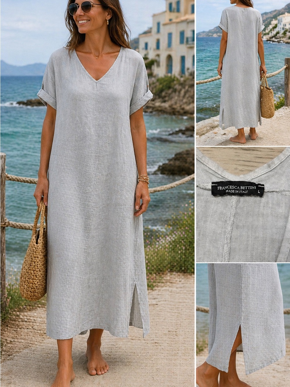 Francesca Bettini Linen Dress L Made In Italy Gray Coastal Midi Tunic Relaxed